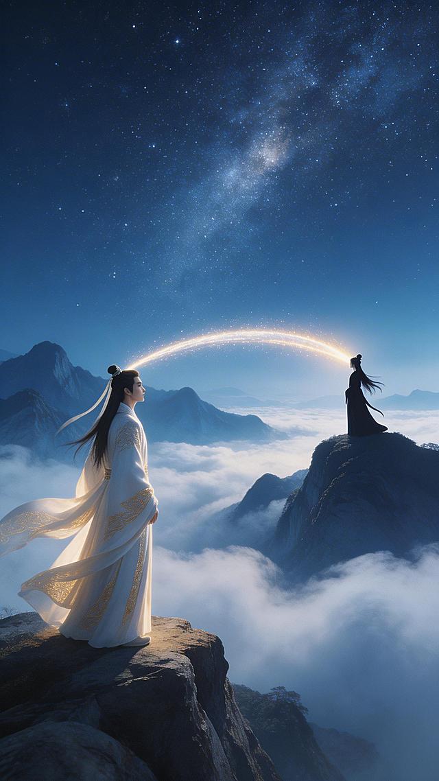 古风浪漫深情星河，男子立于千山之上，远处有女子剪影立于另一座山巅。两人隔着云海与山川，目光交汇。天空中星河倾泻，光芒如纽带连接两人。画面壮阔，色调为深蓝、银白与少量暖金，无任何文字
