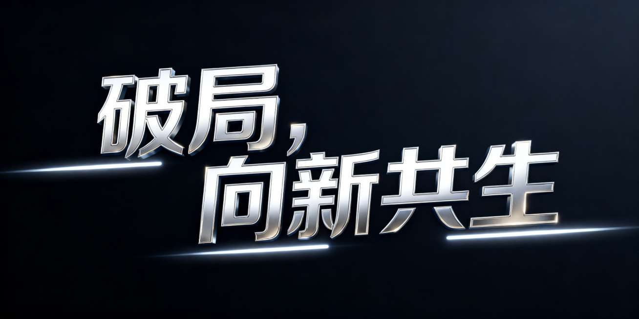 深色纯净背景上的“破局，向新共生”科技感艺术字，字体为白金配色，金属质感强烈，边缘带有柔和的白色光效，无多余装饰线条，整体高端精致，充满未来科技感预览效果