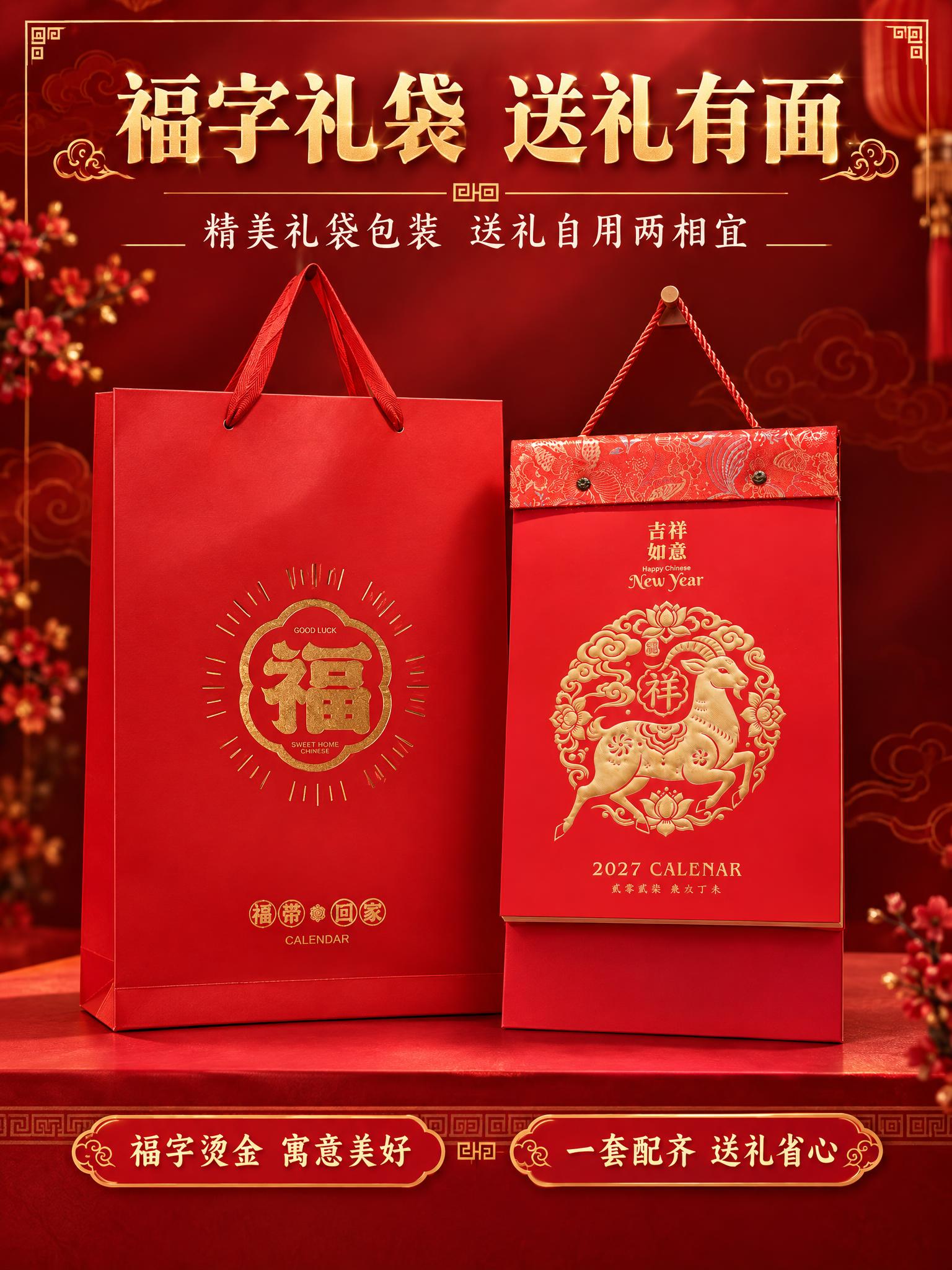 [商品] 使用福字礼袋+吉祥如意羊纹款挂历；礼袋保留原图福字放… - 图片创意预览