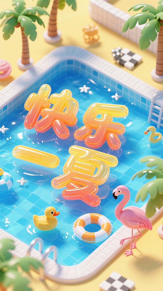 清新卡通3D风，充气大字“快乐一夏”，泳池派对氛围。