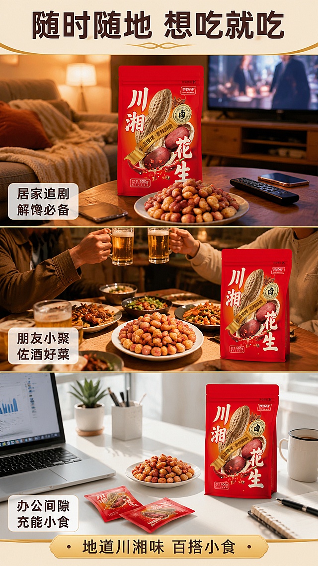 [第5屏] 场景种草竖拼-多场景食用展示。本屏使用【图1】作为产品元素融入各场景中。
[氛围/风格] 生活场景感，温馨接地气，竖拼多段式，商业摄影质感。
[元素布局] 画面竖向分为三段场景，每段约占1/3高度，段间有细金色分隔线。上段：居家追剧场景，沙发茶几上放着包装袋与一盘花生，旁边有遥控器和手机，暖光氛围；中段：朋友小聚/夜宵佐酒场景，餐桌摆着啤酒杯、几碟小菜，花生装盘居中，暖黄灯光；下段：办公解馋场景，办公桌一角，电脑旁放着独立小包装花生，明亮自然光。每段场景中产品包装袋或花生清晰可见，外观与输入图一致。
[光影质感] 上段暖黄室内光，中段暖调餐桌灯光，下段明亮办公自然光，各段光影统一为柔和自然风格。
[配色色系] 全局底色 #F5E6D3 暖米色（段间分隔）；各场景主色以暖棕、米白为主；点缀色产品正红。
[视角构图] 竖拼三段式，自上而下阅读，每段独立构图又风格统一。
[文字版式] 顶部通栏主标题「随时随地 想吃就吃」，粗黑体，深棕色，居中。每段场景左下角配场景标签：上段「居家追剧 解馋必备」，中段「朋友小聚 佐酒好菜」，下段「办公间隙 充能小食」，白色半透明底黑字。底部金色横条标注「地道川湘味 百搭小食」。全套字色与首屏统一。
[比例分辨率] 9:16 竖版比例，4K 分辨率，文字清晰可辨，高清画质。
[负向提示词] 产品包装变形，包装文字错乱，场景人物模糊，水印，文字过小，各段风格不统一。