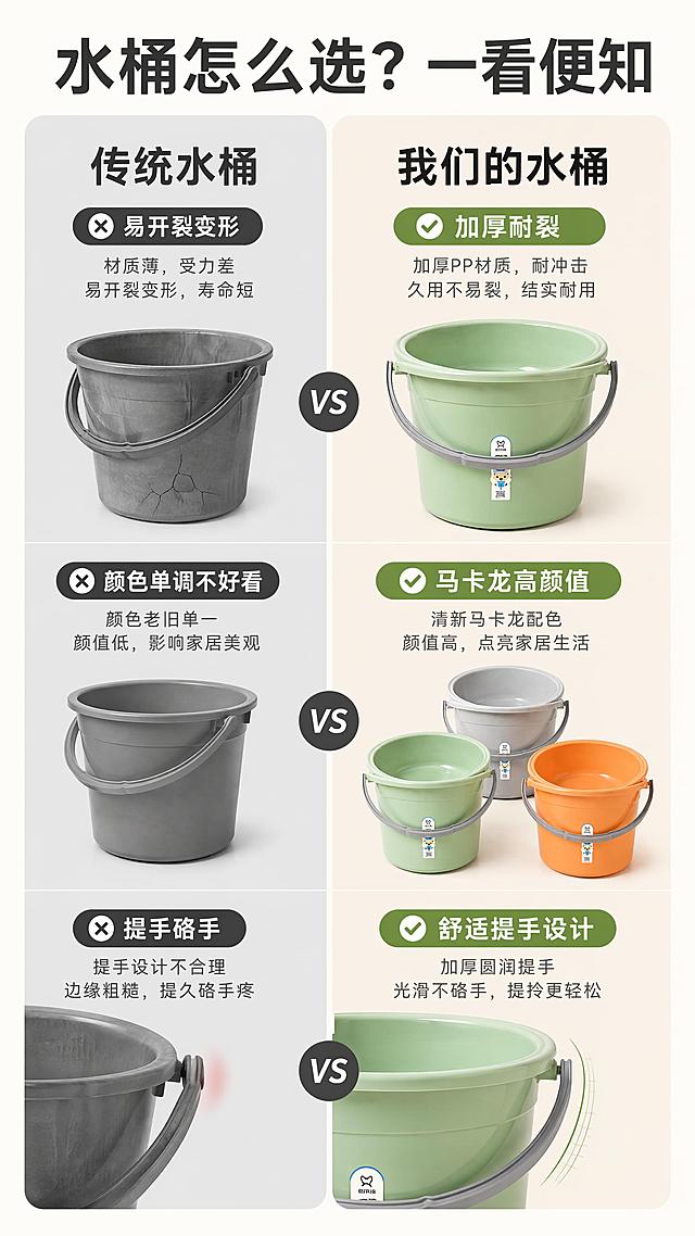 [第2屏] 痛点对比页-传统水桶对比本款马卡龙水桶水盆套装。
[氛围/风格] 清晰直白对比风格，明亮干净，信息对比一目了然。
[元素布局] 左右分栏对比布局，左栏展示传统水桶痛点：易开裂变形、颜色单调不好看、提手硌手；右栏展示本产品解决优势：加厚耐裂、马卡龙高颜值、舒适提手设计。保持产品外观和颜色与原图一致。
[光影质感] 整体均匀明亮光照，左右对比清晰，无明显阴影干扰阅读。
[配色色系] 全局底色 #FAF7F2；左栏浅灰底，右栏浅米底，主色黑文字，辅助色绿色对勾标注优势。
[视角构图] 左右对比构图，信息分区明确，阅读动线从左到右。
[文字版式] 顶标题「水桶怎么选？一看便知」，左栏痛点标题「传统水桶」，配三个痛点短句，右栏优势标题「我们的水桶」，配三个优势短句，文字清晰分区，不遮挡产品主体。
[比例分辨率] 9:16 竖版比例，4K 分辨率，文字清晰可辨，高清画质。
[负向提示词] 产品变形，颜色偏差，文字错乱，信息分区不清晰，背景杂乱，极限词。