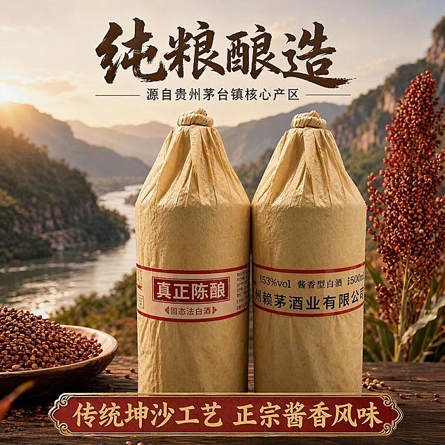 [主图-3] 修改两瓶白酒中的一瓶为真正陈酿标签款，保留原图所有文案、版式和背景风格不变。
保留顶部"纯粮酿造"和底部"传统坤沙工艺 正宗酱香风味"文字位置排版不变，保留前景红高粱元素和背景产地江河风景。一瓶保留原标签，另一瓶替换为"真正陈酿 固态法白酒"标签，保持标签信息和包装外观与参考图一致。其他元素和风格完全保留原图效果。1:1比例，文字清晰可辨，超高清商业摄影质感。
[负向提示词] 变形，文字错乱，产品图模糊，背景杂乱，水印，电商平台Logo。