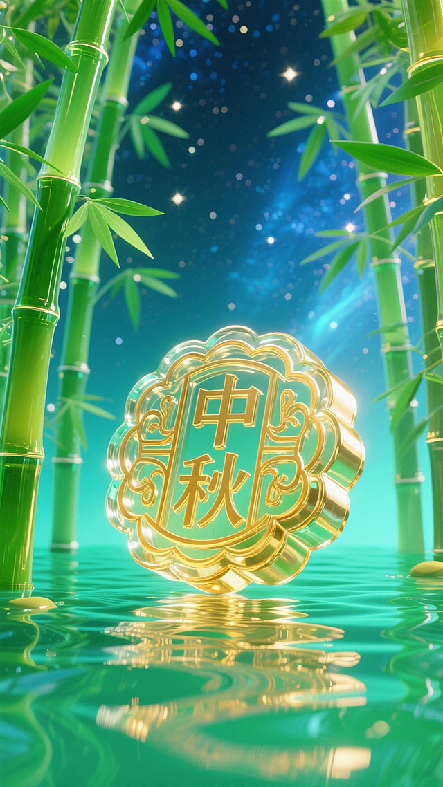 茂密的竹林深处，碧波荡漾的湖面上悬浮着一个巨大的精致的金色月饼（中间写文案“中秋”花纹），背景是星空，整体呈现绿色调和金色碰撞
