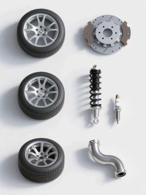 六个汽车配件以规整网格排布，包含轮胎、轮毂、刹车片、悬挂弹簧、排气管和火花塞，每个配件采用高写实3D渲染，金属部件呈现细腻反光质感，橡胶轮胎纹理清晰，整体造型简约现代，统一置于纯白色纯色背景上，无阴影，无文字，无logo，无水印，风格统一保持高精度产品展示效果。预览效果