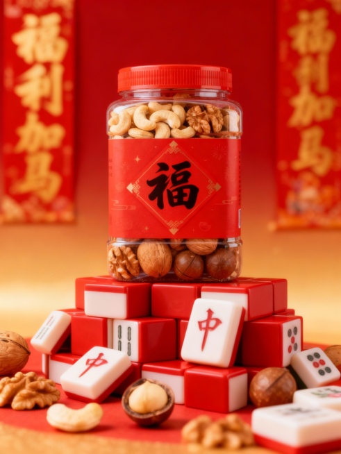 红色麻将随意堆叠成创意展台，主体摆放在麻将展台上（主体占画面比30%，正面视角），红金渐变背景（“福利加马”鎏金字体对联点缀，虚化），自然光影，高饱和喜庆感配色，保证溶图效果。预览效果