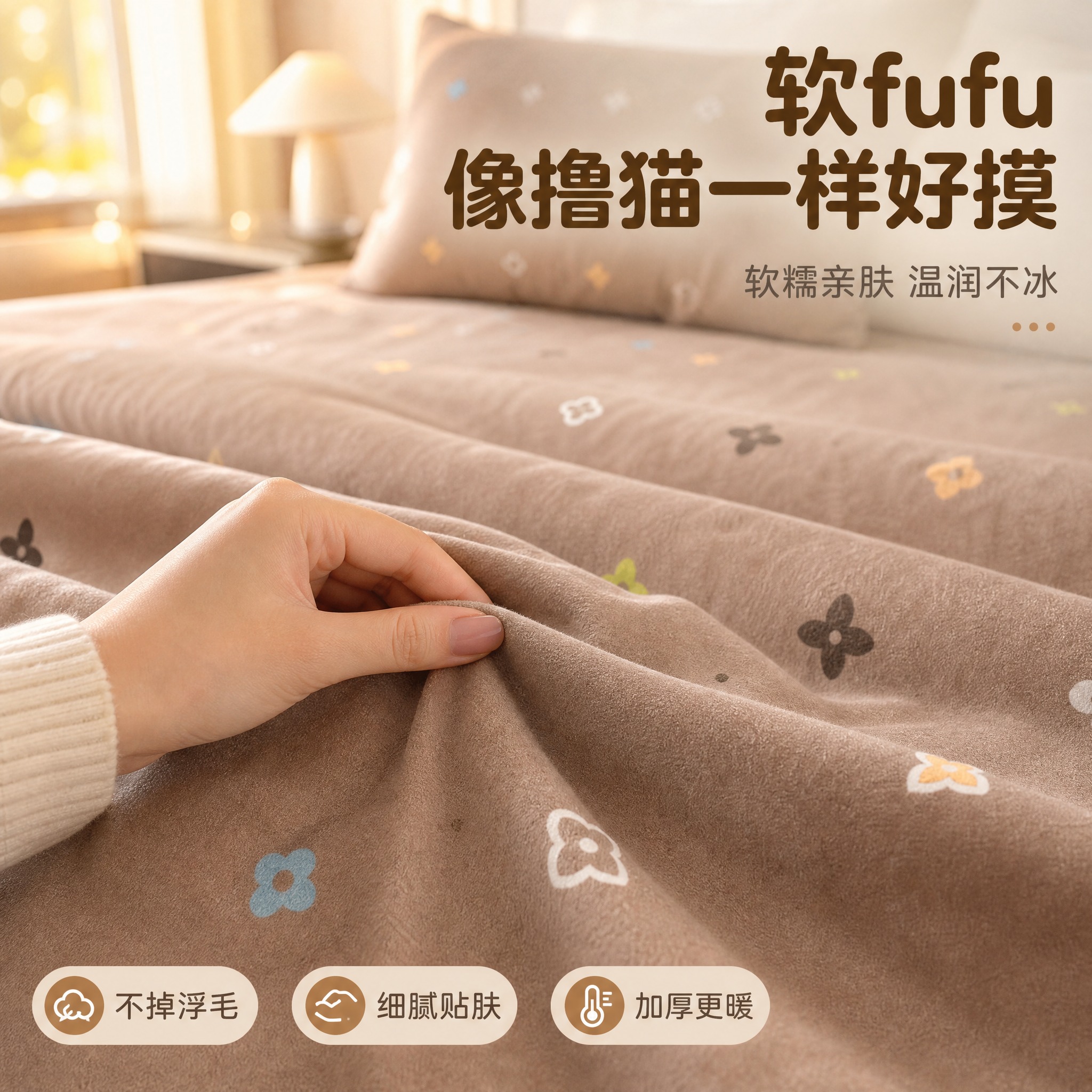 [主图1-2·1:1] 咖色老花款加厚磨毛床笠 亲肤触感体验图… - 图片创意预览