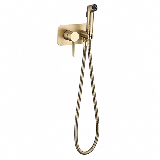 Amazon main image 1, brushed gold wall-mounted bidet sprayer set on pure white background. Product centered, occupying 85% of frame. Complete set includes rectangular wall plate, single lever handle, brass diverter valve, ABS hand sprayer with textured grip, and 1.5m stainless steel flexible hose hanging in natural U-shape. Brushed gold finish with subtle satin metallic texture, clean edges, no fingerprints or watermarks. Crisp product photography, ultra sharp details, professional e-commerce lighting with soft shadows underneath. Pure #FFFFFF white background, no props, no text, no logos, no borders. Keep the exact product structure, shape, proportions and brushed gold color identical to reference product images. 1:1 square composition, high-end commercial product photography quality.