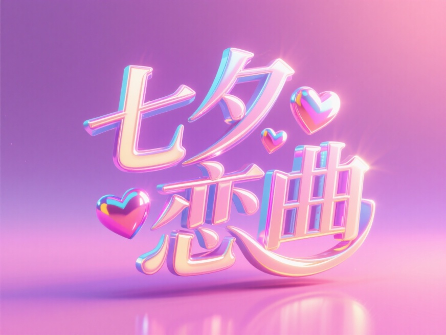 3D立体文字"七夕恋曲"，爱心元素悬浮于笔画之间，霓虹光效搭配渐变紫粉背景。预览效果