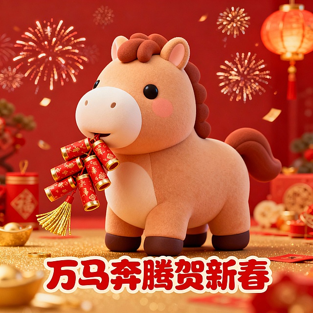 马年新年到，我想用稿定AI，生成和马年有关的新春祝福Q版3D表情包，让表情充满浓浓春节味道，需要生成6个不同的表情包，并搭配上一个祝福的成语或者俗语