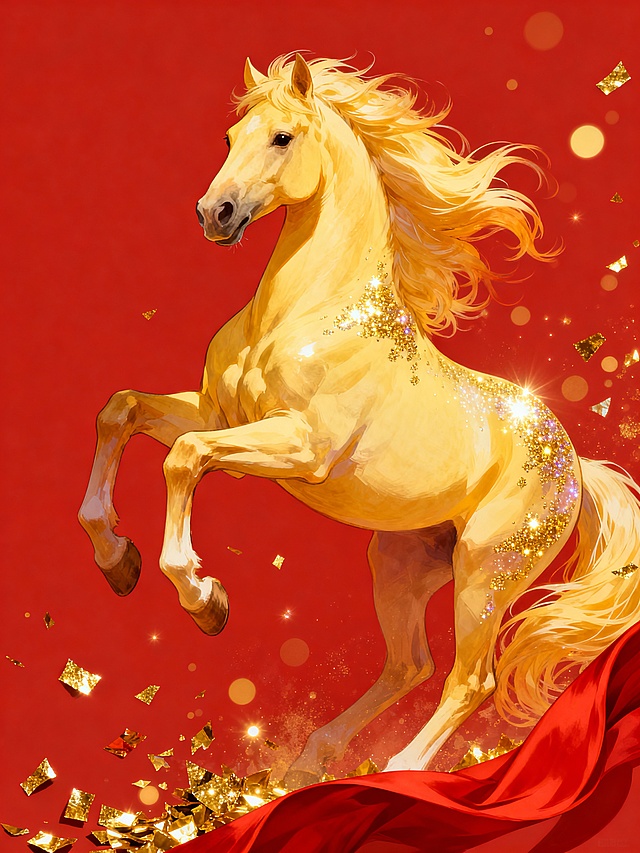 鬃毛飞扬，浅黄色骏马（肌肉线条饱满清晰，鬃尾呈动态飞扬姿态，部分区域亮晶晶，骏马表面融入金色闪粉亮片（微透明）；动作行为是骏马呈双前蹄腾空的腾跃姿态，肢体张力感强烈；场景设定为高饱和度正红背景，底部衬有飘动的红色绸缎（在画面右下角），背景散布金色光斑、金箔碎片装饰（右下角往上）；骏马占据画面核心区域，绸缎与装饰元素环绕主体下半部分