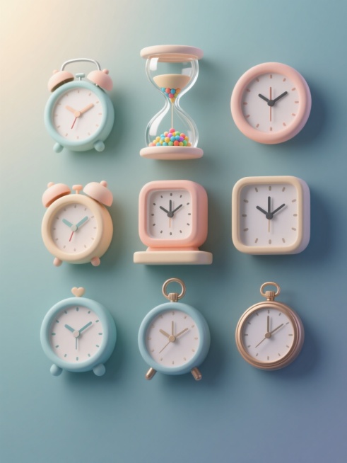 3D渲染风格，纯色背景，整体色彩变换为全新配色方案，保持原有的平滑渐变质感、柔和光影（光源来自左上方，高光柔和，阴影细腻）和圆润可爱的设计风格。画面中包含多个不同造型的时钟元素系列组合，包括但不限于沙漏造型（透明玻璃质感，带有彩色沙粒）、圆形小闹钟（带指针和刻度）、方形座钟、复古怀表等，所有时钟元素均采用统一的圆润边角设计语言，色彩搭配协调且符合新的整体色调，元素之间大小有轻微变化以形成节奏感……预览效果
