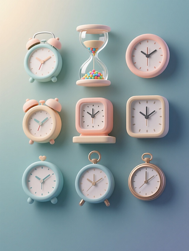 3D渲染风格，纯色背景，整体色彩变换为全新配色方案，保持原有的平滑渐变质感、柔和光影（光源来自左上方，高光柔和，阴影细腻）和圆润可爱的设计风格。画面中包含多个不同造型的时钟元素系列组合，包括但不限于沙漏造型（透明玻璃质感，带有彩色沙粒）、圆形小闹钟（带指针和刻度）、方形座钟、复古怀表等，所有时钟元素均采用统一的圆润边角设计语言，色彩搭配协调且符合新的整体色调，元素之间大小有轻微变化以形成节奏感，所有时钟元素被规整地排布成整齐的网格状或行列布局，彼此间距均匀，整体构图平衡且具有良好的视觉引导性，信息传达简洁明了，具有现代设计感。