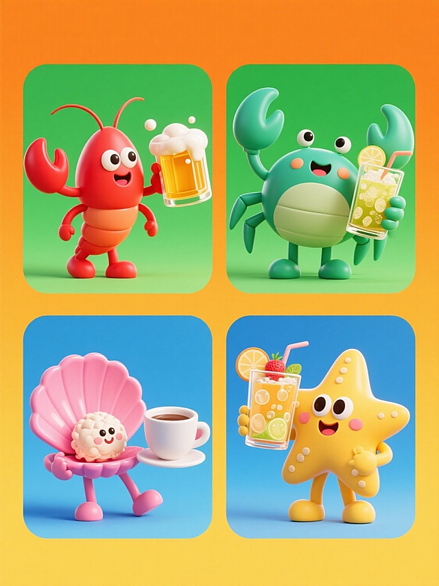 一组四个规整排布的卡通美食插画，保持圆润可爱的3D立体风格，明亮饱满的色彩，细腻的光泽感和水润质感，每个元素都有拟人化的欢快表情和动态姿势，纯色背景（分别为橙色、绿色、蓝色、黄色），画面整体色彩明快协调，四个元素均为手持饮品的海鲜美食：1. 红色小龙虾举着冒泡的啤酒杯，2. 青色螃蟹捧着冰镇果汁杯，3. 粉色扇贝端着奶盖茶杯，4. 黄色海星托着水果气泡水杯，每个元素造型独特，细节丰富，构图均衡，适合作为系列素材集合使用。