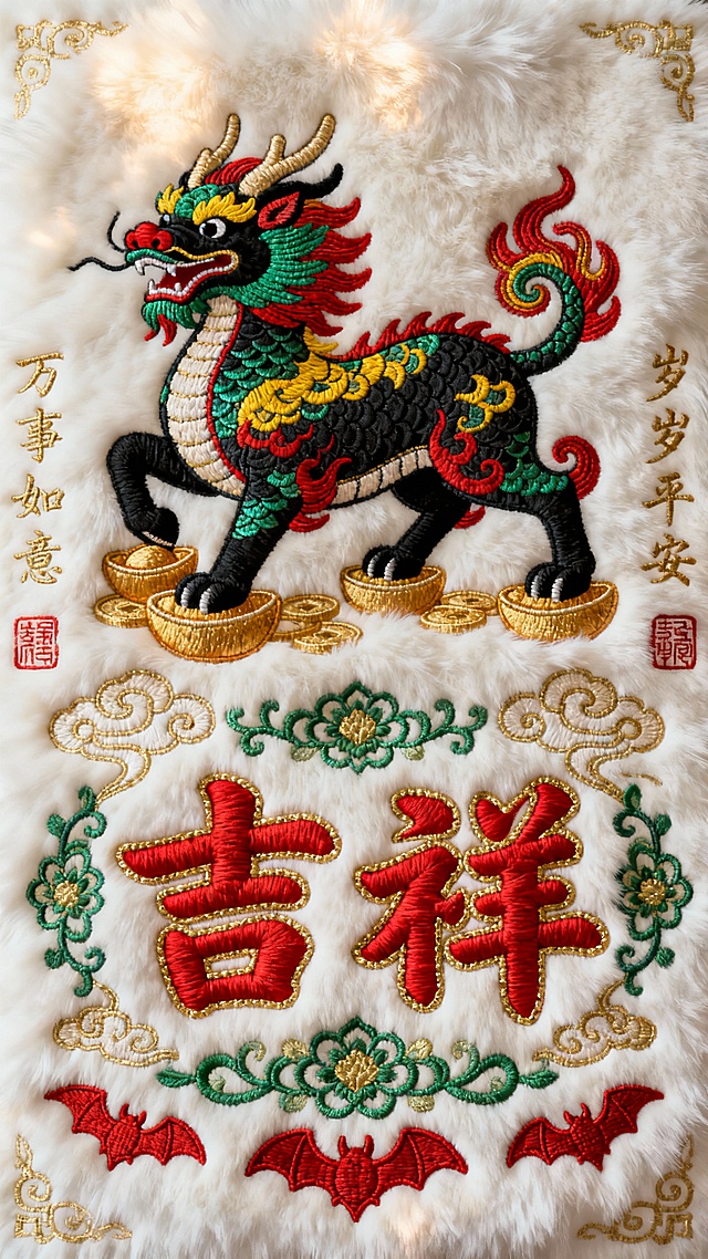 一张具有浓厚传统喜庆氛围的毛绒质感刺绣海报，整体采用纯白色柔软毛绒面料作为背景，表面呈现出细腻的绒毛纹理和温暖柔和的光泽。画面中央是一只色彩斑斓的传统瑞兽麒麟，麒麟通体以墨黑色为底，点缀着翠绿、明黄、朱红等鲜艳色彩的鳞片和鬃毛，形态威武而不失灵动，四肢稳健地踏在金色的元宝之上，尾部飘逸卷曲。麒麟下方是两个醒目的红色立体刺绣大字“吉祥”，字体采用饱满的楷书风格，边缘有精致的金色勾边，针脚细密饱满，呈现出强烈的浮雕感。文字周围环绕着金色的祥云纹样、绿色的缠枝莲图案以及红色的蝙蝠剪影，寓意福运连绵。海报四周点缀着金色的书法小字“万事如意”、“岁岁平安”，以及篆书风格的红色印章，整体构图对称和谐，色彩对比鲜明，毛绒材质的温暖质感与刺绣图案的精致华丽完美融合，营造出喜庆、吉祥、富贵的节日氛围。