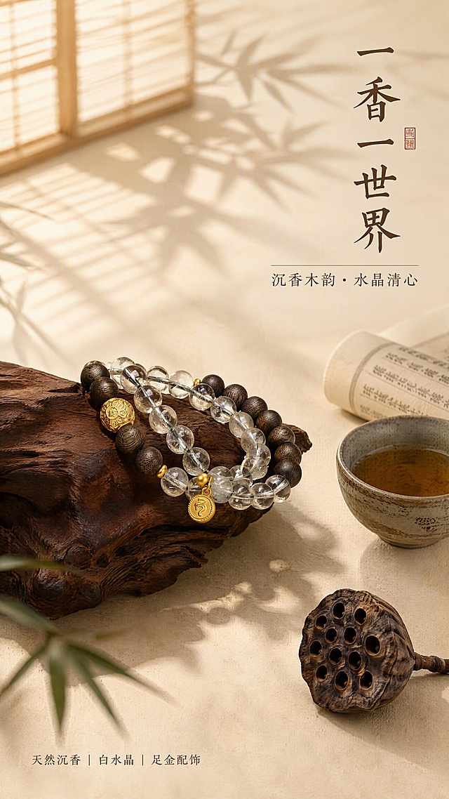 第2张 场景种草-禅意茶席静物场景。本张使用【图3】作为商品主体。
[氛围/风格] 东方禅意生活美学，暖调自然光，商业静物摄影质感，静谧雅致。
[元素布局] 手串搭放在一块深棕色沉香木上，位于画面中偏左，占比约40%；右侧搭配古朴陶制茶盏、一卷古书、干枯莲蓬；背景为浅米色哑光台面，远处有虚化的竹帘光影；保持手串的沉香木珠、白水晶珠、足金錾刻珠与顺字吊牌外观与产品图完全一致。
[光影质感] 左侧窗边自然光，柔和漫射，手串下方有自然投影，金珠高光细腻，水晶珠通透反光，木珠纹理清晰。
[配色色系] 全局底色 #F0E6D3（浅米黄）；主色木棕 + 金色；辅助色陶土灰、米白。
[视角构图] 45°斜侧俯视，阅读动线从左上手串 → 右侧茶器 → 右上标题区。
[文字版式] 右上角竖排主标题「一香一世界」，下方横排副标题「沉香木韵 · 水晶清心」；左下角小字信息条「天然沉香 | 白水晶 | 足金配饰」；宋体 + 书法点缀，字色深棕，文字不压主体。
[比例分辨率] 9:16 竖版比例，4K 分辨率，文字清晰可辨。
[负向提示词] 手串变形，缺件错件，颜色偏差，水印，文字过小，背景杂乱。