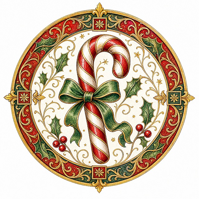 Christmas sticker, medieval illuminated manuscript style, a Christmas candy cane with striped pattern and a small bow, classic treat, circular composition 800x800, red and white stripes and green bow colors, medieval sweet confection style, isolated on clean white background, e-commerce sticker design, high detail