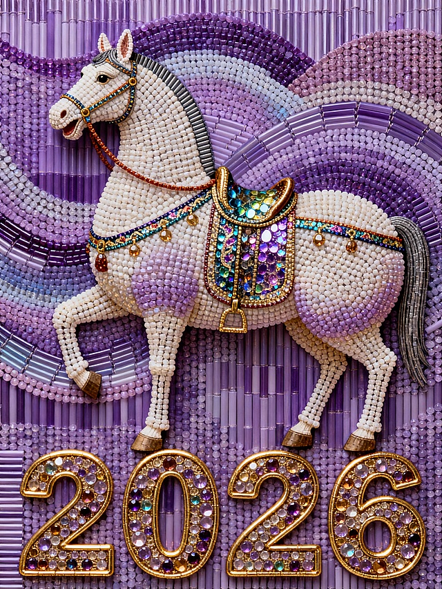 中国动物装饰画大师杰作，抽象曲面装饰画，韩美林的风格，华贵庄重的唐马，静态的雍容华贵，柔美色块构成，紫罗兰色系，叠加多个不规则弧形色块组成的唐马，头小颈细，昂头竖耳，微张着嘴，胸肌健硕，躯干夸张，造型饱满，腿短纤细，体态圆润健硕，臀部浑圆，膘肥体健，矫健饱满，凸显盛唐富贵温润余韵，夸张的修长造型，流线的渐变色块，金色印压凹凸艺术字“2026”。华丽的装饰马具（头套、胸甲、缰绳、马鞍），马具上的中国传统纹样彩带装饰极其精致，自然纹理，局部留白，获奖海报