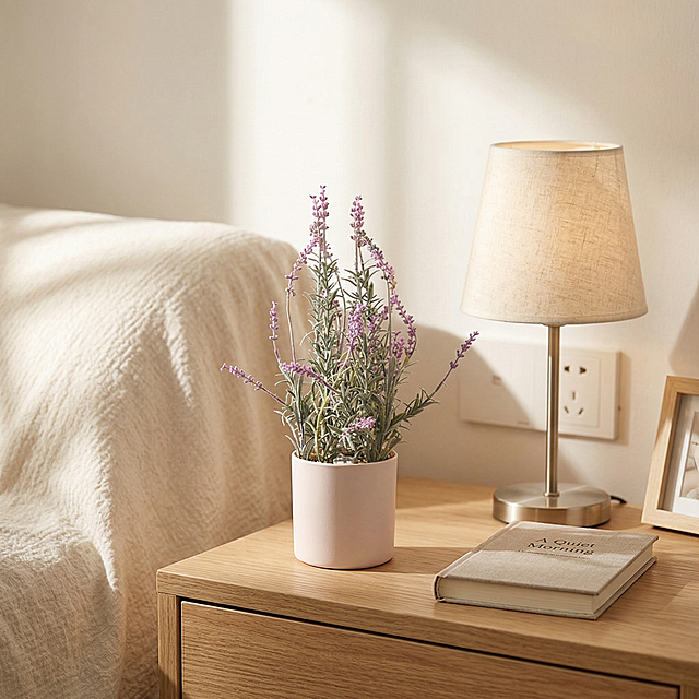 STRICTLY keep original plant shape and EXACT colors, no redesign, no color shift, no structure change, no color change, no oversized plant, no deformation, no unrealistic proportions, no extra flowers, no blur, no fantasy style. A realistic artificial small lavender plant in a light pink pot, STRICTLY keep original colors and structure unchanged, placed on a bedside table. Morning sunlight, soft shadows, natural home environment. Add a lamp and a book for scale reference. Ensure the plant remains small and proportionally accurate. Warm soft tone, high realism, clean composition. TEMU product style, no text, no watermark.