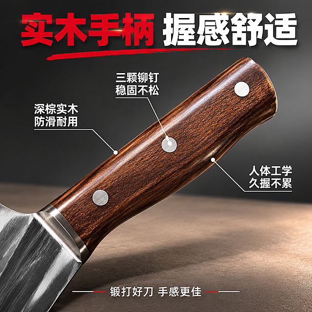 [主图-3 手柄细节] 深棕实木手柄细节展示 突出人体工学设计 三颗铆钉加固
[统一基调] 深灰渐变背景 暖灰色台面 金属银白高光 中国红强调色 粗黑体大字标题 商业棚拍质感 高对比 金属反光清晰
[画面] 菜刀手柄部分斜向展示 手柄与刀身连接处清晰可见 手柄占画面约60% 深棕色实木纹理自然清晰 木纹质感温润 三颗银色圆形铆钉整齐排列 铆钉表面有金属光泽 手柄曲线符合人体工学 刀身与手柄连接处过渡自然 顶部大标题"实木手柄 握感舒适" 左侧引线标注"深棕实木 防滑耐用"指向手柄中部 中间引线标注"三颗铆钉 稳固不松"指向铆钉 右侧引线标注"人体工学 久握不累"指向手柄曲线 底部小字"锻打好刀 手感更佳"
[光影质感] 柔和侧光突出木纹质感 铆钉高光清晰 手柄曲面明暗过渡自然 整体光影温暖 体现实木的温润质感
[配色] 深灰背景 深棕色木手柄 银色铆钉 红色标题 白色说明文字 引线用白色细线
[文字版式] 顶部居中主标题粗黑体 三条引线标注分布在手柄两侧 底部一行说明文字 文字不遮挡手柄主体
[输出要求] 1:1比例 木纹清晰 铆钉金属质感真实 文字清晰可读 无变形 无水印
