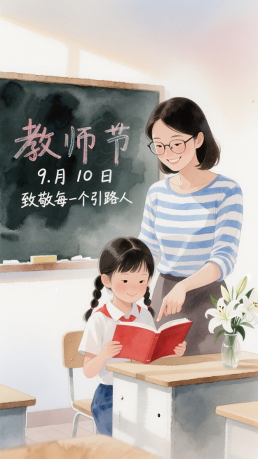 画面以教室场景为背景，黑板上粉笔写有 “教师节 9 月 10 日 致敬每一个引路人” 的文字。主体是一位戴眼镜、穿蓝白条纹上衣的女教师，正微笑着指点一本红色的大书，身边依偎着1个孩子 —— 扎双辫的女预览效果