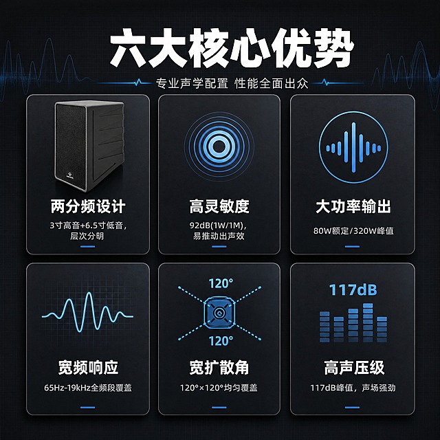 [商品] 使用【图1】HENVA HW-CP6.5专业音箱；保留黑色箱体、正面金属网罩、HENVA Logo、侧面斜切造型；产品缩小展示于卡片中，清晰可辨，不改变外观。
[画面] 目标：核心卖点总览，6大卖点卡片式布局，让用户快速掌握产品优势。构图：顶部标题区，下方2行3列共6张圆角信息卡片，每张卡片含图标+短标题+一句话说明，其中左上卡片嵌入产品小图。背景：深灰色科技底色，带有细微网格纹理，卡片有轻微悬浮感和投影。整体信息密度适中，阅读动线从上到下、从左到右。
[视觉] 套系策略：风格=深色科技专业商业摄影风；标题字=现代无衬线粗黑体；正文字=简洁无衬线中黑体；主色=深炭黑/深灰；背景延展=基于深炭黑做深浅渐变、科技网格、声波线条和细腻金属质感延展；强调色=科技蓝，仅用于小面积图标、引线、标签和局部光效；标题色=纯白；正文色=浅灰；组件=细线圆角信息卡、声波图标、数据标签；光影=均匀柔光，卡片有微弱投影增强层次感。
[文字] 顶部主标题「六大核心优势」，副标题「专业声学配置 性能全面出众」。6张卡片内容：1.「两分频设计」3寸高音+6.5寸低音，层次分明；2.「高灵敏度」92dB(1W/1M)，易推动出声效；3.「大功率输出」80W额定/320W峰值；4.「宽频响应」65Hz-19kHz全频段覆盖；5.「宽扩散角」120°×120°均匀覆盖；6.「高声压级」117dB峰值，声场强劲。文字全部横向排版，卡片内文字居中对齐。
[规格] 图片比例1:1方版，4K分辨率，京东平台适配，中文文案。避免变形、错字、文字过小、icon矩阵单调、连续同构、极限词。
