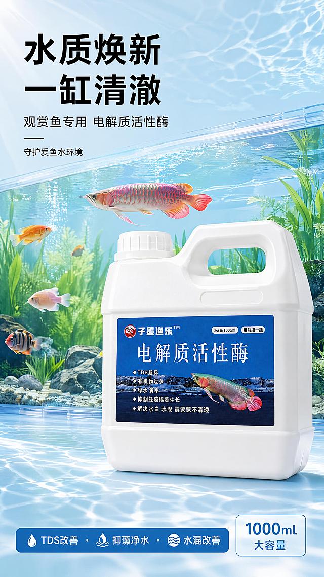 [第1屏] 详情页头图主视觉 - 子墨渔乐电解质活性酶水族养护产品海报。本屏使用【图1】作为商品主体。
[氛围/风格] 干净明亮水族场景风，清澈通透，自然清新，商业摄影质感，强化观赏鱼水族养护使用氛围。
[元素布局] 产品白色塑料壶置于画面右侧中部偏下，占比约55%-60%；背景为大型清澈玻璃鱼缸，缸内有数条色彩鲜艳的观赏鱼（含龙鱼）、绿色水草、水底砂石，水体透亮泛蓝光；前景有水面波纹光斑；产品瓶身结构、颜色、标签文字与输入产品图完全一致，白色壶身、白色提手瓶盖、蓝色标签均保留原样。
[光影质感] 左上方柔和自然光，水面折射水纹光斑，产品正面受光均匀，瓶身有自然高光，底部柔和阴影，整体通透明亮。
[配色色系] 全局底色 #E8F4F8 浅青蓝色调；主色深蓝 #1E6FB7 标签蓝；辅助色水草绿、鱼身红粉点缀。
[视角构图] 正面微仰视，产品为视觉中心，阅读动线左上标题 → 右侧产品 → 底部信息条。
[文字版式] 版式为左上标题区 + 右侧产品 + 底部信息条。主标题「水质焕新 一缸清澈」，副标题「观赏鱼专用 电解质活性酶」，两行黑体字左对齐；标题下方小字「守护爱鱼水环境」；底部左侧卖点标签「TDS改善 · 抑藻净水 · 水混改善」，右下角「1000mL 大容量」；文字不遮挡产品主体。
[比例分辨率] 9:16 竖版比例，4K分辨率，文字清晰可辨，高清画质。
[负向提示词] 产品变形，缺件错件，标签文字错乱，颜色偏差，水印，文字过小，背景杂乱，鱼形态怪异，水草失真。