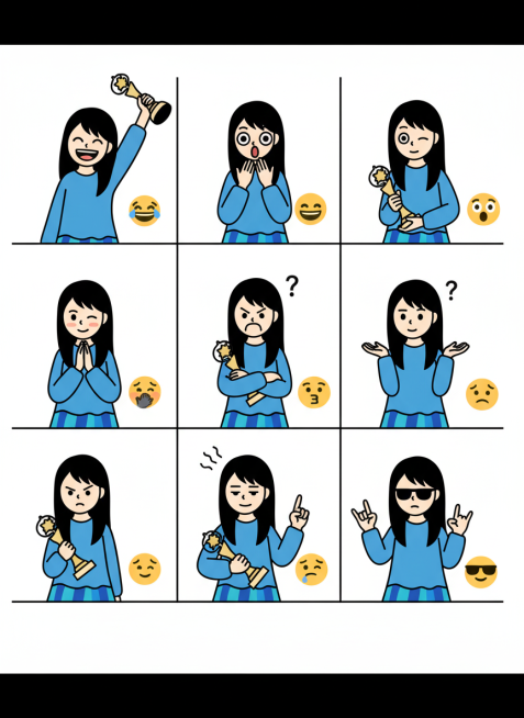 保持人物主体不变，创作一组简笔画风格表情包，搭配一些emoji图标，包含表情不同、姿势不同的九宫格表情包预览效果