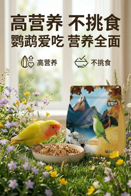 2:3竖版尺寸，主标题「高营养 不挑食」，副标题「鹦鹉爱吃 营养全面」，画面中心展示一只正在进食的黄桃牡丹鹦鹉，旁边放置宠帮仕牡丹鹦鹉粮包装，严格保留包装设计、颜色、LOGO位置、文字内容所有细节，搭预览效果