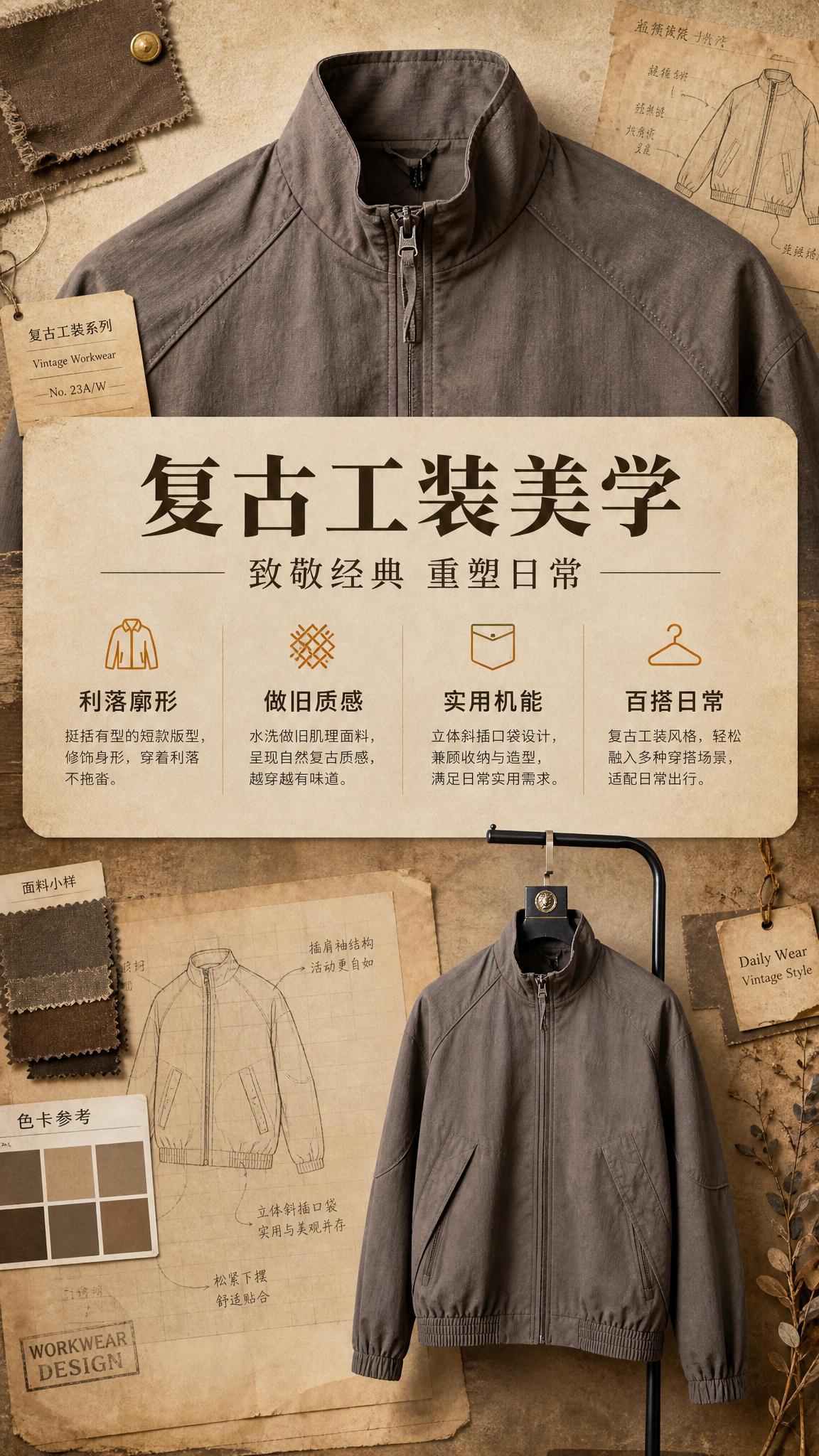 [商品] 使用【图1】棕褐色复古立领短款工装夹克；商品处理：保… - 图片创意预览