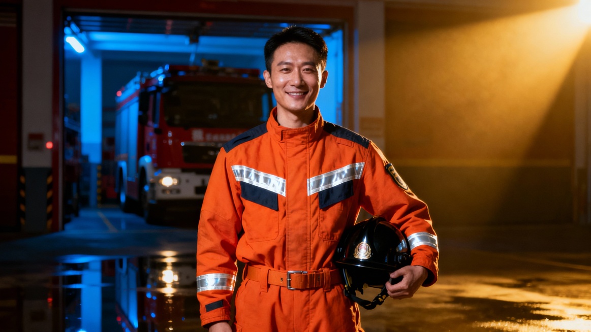 生成了一张30多岁中国男性消防员的正面肖像，他身穿带有反光条的崭新橙色全套消防防护服，左手腋下夹着头盔，表情坚定且面带微笑，面部衣服干净无烟灰痕迹，站在消防站车库内，身后隐约可见红色消防车，采用戏剧性预览效果
