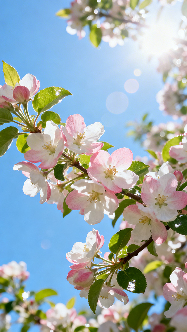 治愈系春日繁花特写，粉白渐变的苹果花茂密地缀满枝头，嫩绿叶片点缀其间，背景是澄澈的蔚蓝天空，阳光透过枝叶洒下，画面明亮通透，充满生机与温柔感，写实风格，浅景深，清新治愈