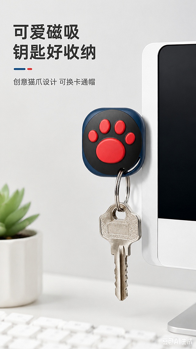 [第1屏] 淘宝详情页头图，展示卡通猫爪磁吸挂扣的主视觉海报，本屏使用【图1】作为商品主体。[氛围/风格] 简约清新ins风，浅灰办公桌面背景，明亮柔和的商业摄影质感。[元素布局] 卡通磁吸挂扣放置在电脑显示器侧边，占画面约65%，磁吸吸附在显示器铁质表面，钥匙自然垂落，保留产品猫爪外观、红蓝黑配色、金属钥匙环与原图完全一致，背景浅灰桌面搭配简约白色显示器边框，左上角预留标题位置。[光影质感] 左侧柔光照明，自然投影，产品结构清晰，质感真实。[配色色系] 全局统一底色 #F5F5F5，主色深蓝黑红，辅助浅灰白色，统一风格。[视角构图] 正面平视构图，产品为中心，阅读动线从上到下。[文字版式] 顶部主标题 "可爱磁吸 钥匙好收纳"，副标题 "创意猫爪设计 可换卡通帽"，字体简约无衬线，左对齐，不遮挡主体，文字清晰可读。[比例分辨率] 9:16 竖版比例，4K分辨率，高清画质。[负向提示词] 产品变形，颜色偏差，结构错误，文字错乱，水印，背景杂乱，文字过小