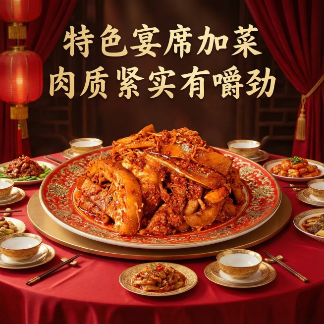 这张图片是产品主体这款产品是猪头酸肉   我需要设计10张主图在拼多多上面售卖    可以用家庭日常餐食 朋友小聚佐酒  特色宴席加菜  户外野餐便携 等场景 进行主图场景布局设计一个高级主图  一些预览效果