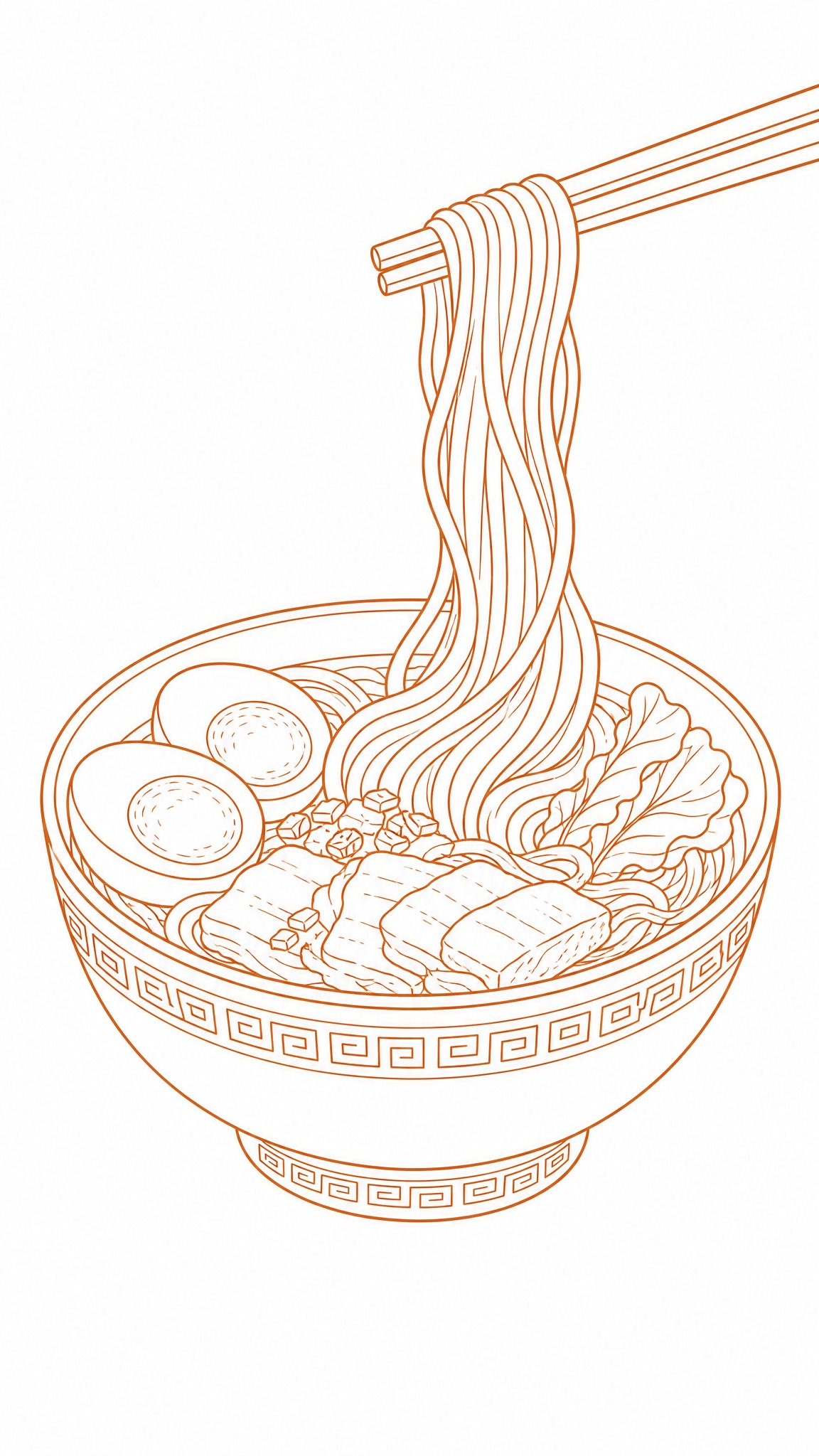 国风线稿插画，一碗拉面，筷子夹起一缕面条，大碗带有中式回纹纹样… - 图片创意预览