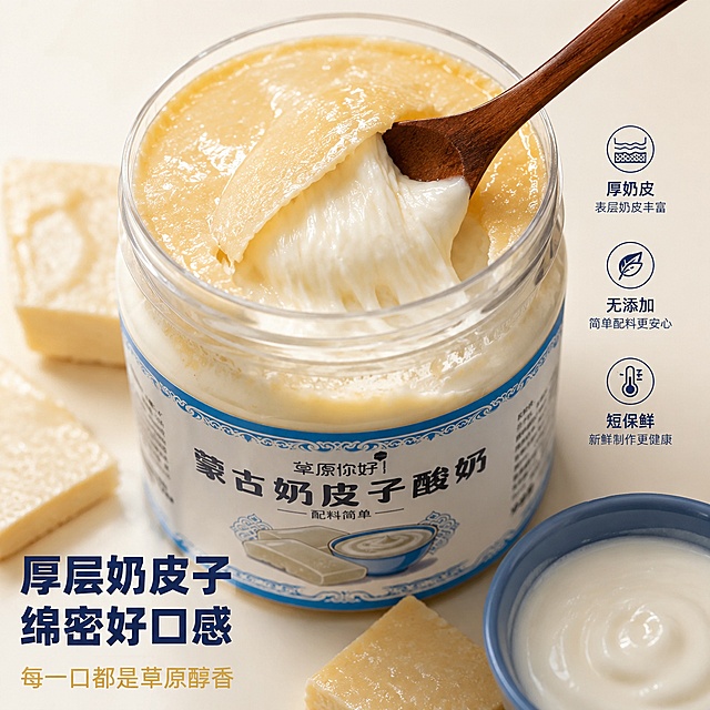 [主图-3] 奶皮子酸奶细节特写图 微距质地展示
[氛围风格] 微距食欲感 高级美食摄影 干净简约
[画质] 超高清微距摄影 奶皮子纹理细腻 酸奶绵密质感清晰 光线柔和
[元素] 画面中央放大展示一罐打开的蒙古奶皮子酸奶 俯视角 罐口特写 表层厚厚的奶皮子呈金黄色 带有自然的油脂纹理与细小气泡 用木勺轻轻拨开奶皮子 露出下面乳白色浓稠酸奶 拉丝效果明显 罐身标签的蓝白花纹部分可见 产品外观与输入图一致 周围散落几块切好的奶皮子方块 奶皮子断面层次分明 旁边蓝色小瓷碗里盛着一勺酸奶 表面有奶皮光泽 背景为纯净的浅奶白色渐变 简洁干净 商品主体占比约70% 画面满屏无边框
[光影] 柔和顶光+侧光 奶皮子表面油亮有光泽 酸奶浓稠挂壁 阴影极柔 整体干净高级 突出食物质感
[配色] 主色调奶白+金黄 辅助色蒙古蓝点缀 字色深蓝与金色 高级感
[视角构图] 俯视45度角 微距特写 焦点在奶皮子表层与勺尖拉丝处 背景虚化
[文字版式] 左下负空间左对齐 主标题"厚层奶皮子 绵密好口感" 深蓝色粗黑体 最大号 下方辅助文案"每一口都是草原醇香" 金色细黑体 约一半大小 右侧中部三个圆形图标加文字 从上到下 「厚奶皮」「无添加」「短保鲜」 图标为简约线条 深蓝色 旁边小字说明 所有文字不遮挡产品主体 排版精致
[输出要求] 1:1比例 文字清晰锐利 无错别字乱码 超高清微距美食摄影
[负向提示词] 变形 文字错乱 错别字 乱码 产品模糊 背景杂乱 水印 电商平台Logo