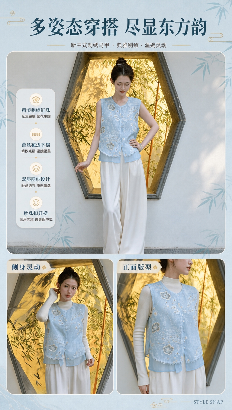 [商品] 使用【图2】【图4】模特穿着的浅蓝色新中式刺绣马甲；… - 图片创意预览
