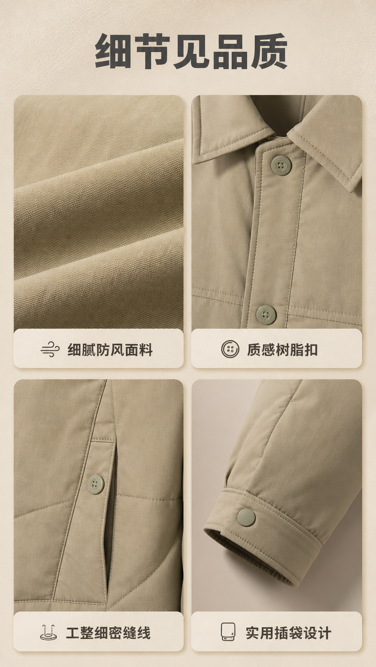 [商品] 使用【图1】卡其色衬衫领轻薄棉服夹克；商品处理：保留… - 图片创意预览