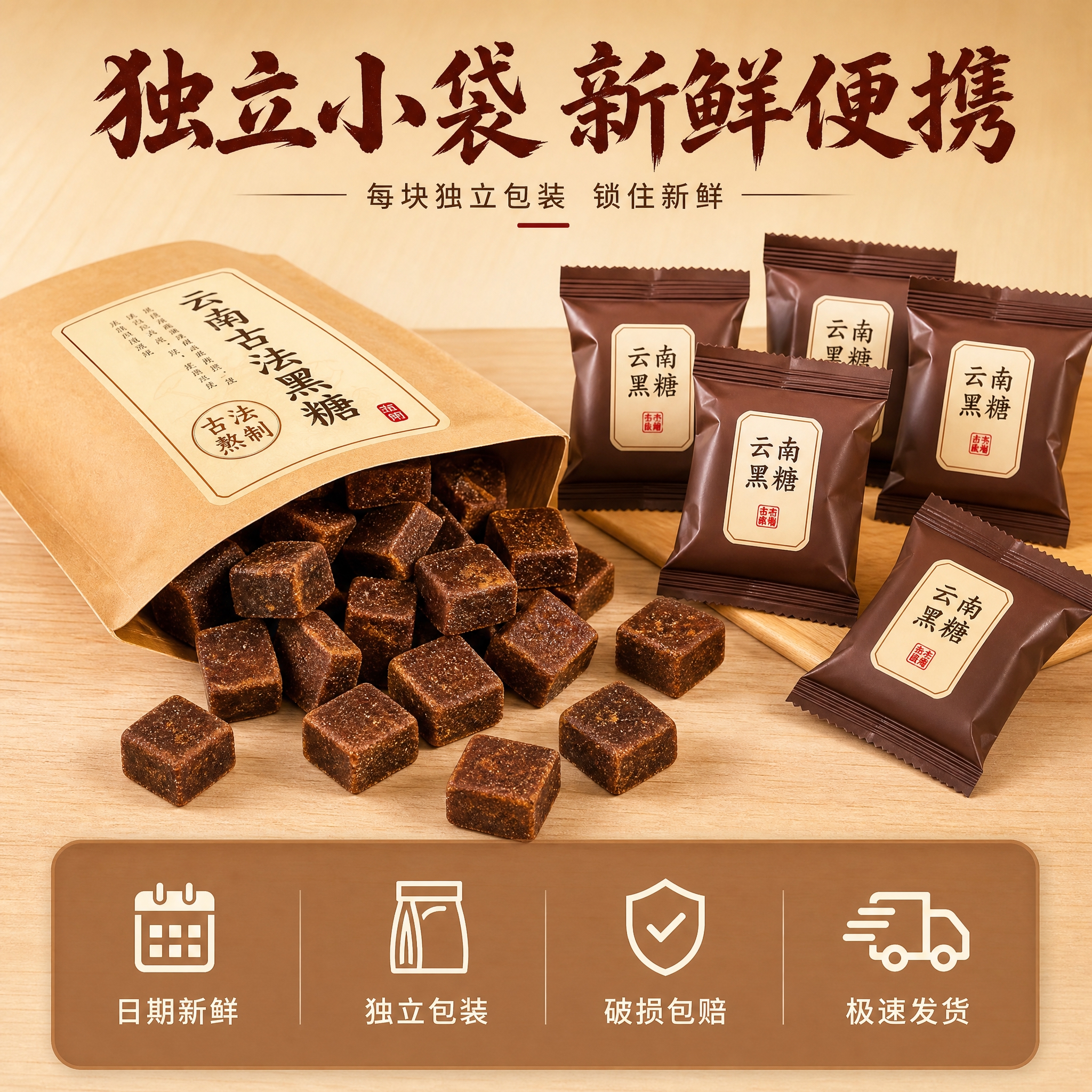 [主图-5] 云南古法黑糖块规格与服务承诺图，核心任务是展示产… - 图片创意预览