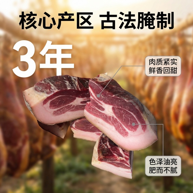切开的火腿块居中，背景是虚化的云南高海拔晾晒场实景，暖光氛围。超大白色数字"3年"放在左上角，纤细灰色引线从瘦肉部位连出标注"肉质紧实 鲜香回甜"，从脂肪部位连出标注"色泽油亮 肥而不腻"，顶部主标题预览效果