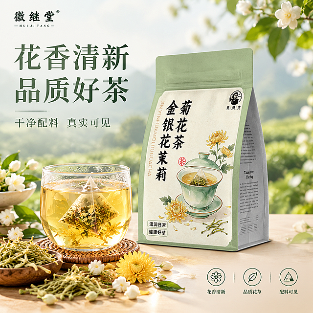[单张主图] 金银花茉莉菊花茶袋泡茶，1张淘宝/天猫1:1电商主图，高级氛围感路线，单图同时承担点击、理解、信任与转化：产品清晰完整、视觉清新、卖点轻量可信。
[画面] 产品袋装茶（米白底色自立袋、浅绿封口与边框、正面书法字“金银花茉莉菊花茶”、品牌“徽继堂”、下方“温润日常 健康好茶”字样）保持与输入产品图完全一致，不得改包装配色、字样、Logo和结构；产品直立或略倾斜置于画面右侧偏中，占画面约50%，完整不裁切；左侧和底部搭配真实原料证据：金银花、茉莉花、菊花散落在浅木色或米白台面，一只透明玻璃杯盛着淡金黄色茶汤，三角茶包浸泡其中，茶叶舒展，杯壁有细密水雾；背景为虚化的自然花田与茶园，浅绿与米白低饱和色调，前后景层次分明，产品标签与文字清晰可读。
[构图版式] 采用高级氛围感-原生成分型版式：产品为主体，原料与茶汤围绕但不遮挡包装关键信息，左上角保留品牌位“徽继堂”小字，右上与右下留自然留白放主标题与图标卖点，主体占比45%-60%。
[文案版式] 左上品牌位小字“徽继堂”；主标题置于画面左侧上部，中文横排大号“花香清新 品质好茶”，无逗号、无促销词；副文案一行小字“干净配料 真实可见”；右侧下方3个轻量线稿图标卖点，图标依次为花朵、草本叶片、透明原料袋，对应小字“花香清新”“品质花草”“配料可见”，字号明显小于主标题；所有文字不遮挡产品主体和包装字样。
[光影质感] 自然窗光与柔光逆光，茶汤通透泛光，花瓣与叶片有柔和投影，包装膜面有细腻高光与接触阴影，整体商业摄影质感，拒绝硬光、廉价HDR和过度锐化。
[配色字体] 主色米白与浅绿，辅色金黄菊花、淡黄茶汤，文字深绿与墨黑；字体统一为清爽细衬线/宋体风，字重克制，靠留白与层级区分，主标题最大，图标说明最小。
[比例分辨率] 1:1方图，2K高清，所有中文文字清晰无错字。
[负向提示词] 产品包装变形、包装文字改错、色差、错字、糊字、伪Logo、水印、平台Logo、多只畸形手、背景杂乱、低清晰度、悬浮感、白底残留。