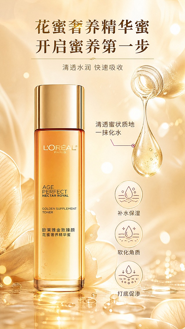 [商品] 使用【图1】右侧欧莱雅金致臻颜花蜜奢养精华蜜（金色旋盖款）；保留瓶身琥珀金渐变、L'OREAL Logo、AGE PERFECT NECTAR ROYAL英文、中文产品名、瓶内气泡质感；产品真实功能方向为化妆水/精华水，用于面部第一步护理。
[画面] 目标：精华蜜单品深度解析，突出水质地与吸收力。构图：产品居中偏左，占画面约45%；右侧为质地展示区，透明水滴状精华液从瓶口滴落，带金色光泽；下方3个功效icon；前景水珠与光斑，中景产品与质地，远景浅金渐变水光背景。
[视觉] 套系策略：风格=高端奢华法式护肤商业摄影；标题字=优雅衬线粗体；正文字=现代简洁无衬线体；主色=琥珀金+暖香槟金；背景延展=基于暖金色做深浅渐变、丝缎光泽、柔焦光晕与花瓣质感；强调色=玫瑰金，仅用于小面积图标、引线和标签点缀；标题色=深金棕；正文色=暖棕灰；组件=圆角金边信息卡、细线金色引线、圆形icon；光影=左前侧暖柔光，产品带玻璃反光与底部柔和投影。
[文字] 顶部主标题「花蜜奢养精华蜜 开启蜜养第一步」；副标题「清透水润 快速吸收」；右侧质地旁标注「清透蜜状质地 一抹化水」；下方3个卖点：① 补水保湿 ② 软化角质 ③ 打底促渗；文字区位于顶部与右侧，不遮挡瓶身主体Logo；所有文字横排。
[规格] 图片比例9:16竖版，4K分辨率，负向提示：避免变形、错字、文字过小、冷蓝背景、产品颜色改变、瓶身文字错乱、绝对化用语。