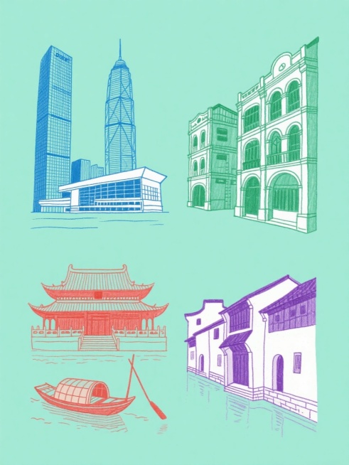 一套四个规整排布的城市建筑插画系列，每个插画均采用精细的单色线条手绘风格，背景为纯色，保持一致的线条粗细和阴影表现手法。第一个插画以蓝色线条绘制香港标志性建筑，包括中银大厦和香港会议展览中心；第二个以绿色线条呈现广东特色骑楼建筑；第三个用红色线条描绘北京故宫太和殿；第四个用紫色线条展现浙江水乡的乌篷船与白墙黛瓦建筑。所有插画元素清晰，轮廓分明，保持相同的视觉重量和构图平衡，形成统一协调的系列感。预览效果