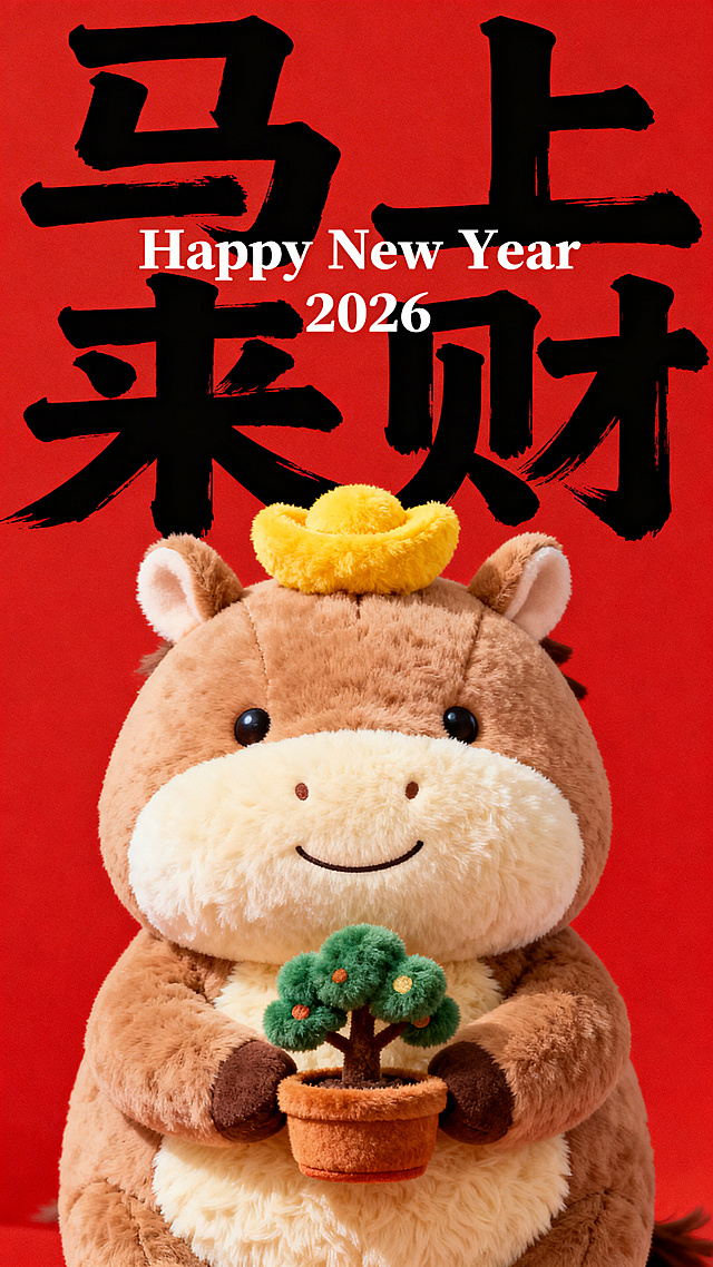 国潮风卡通马手持盆栽，头顶金元宝，毛绒质感萌趣十足，搭配大字“马上来财”与红底黑字，喜庆又可爱，传递2026新春好运。