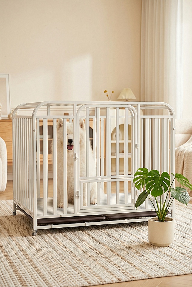 主体是白色方管金属狗笼，保持产品主体物理结构不变，狗笼放在奶油风客厅的地毯上，旁边点缀一盆小型龟背竹绿植，一只开心的萨摩耶坐在狗笼里看向镜头，凸显狗笼主体，治愈法式奶油风，家庭温馨小清新，整体简洁明亮，漫射柔光，奶咖色调，构图三分法，氛围温暖治愈，商业种草摄影。负向提示词：产品结构变形，比例失调，西方面孔，金发，深眼窝，雀斑，杂乱房间，死黑阴影，硬光，乡村风，高对比度，多余的部件，变形的手柄，摄影灯，柔光箱，三脚架，水印，文字，昏暗光线，畸变透视