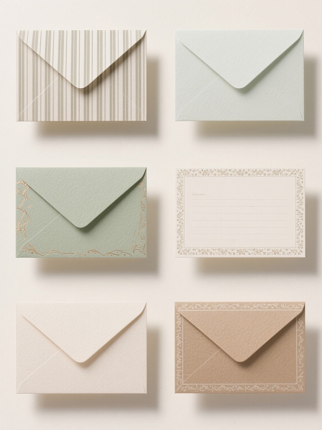 六个不同配色、不同样式、不同材质的信纸造型，上下两行对齐排列，每个信纸具有独特的设计元素，如条纹、花纹、边框等，整体呈现简洁清晰的设计风格，背景为浅色，信纸边缘有轻微阴影，展现出真实的纸张质感，每个信纸的颜色搭配协调且富有区分度，整体构图平衡，视觉效果整洁有序。