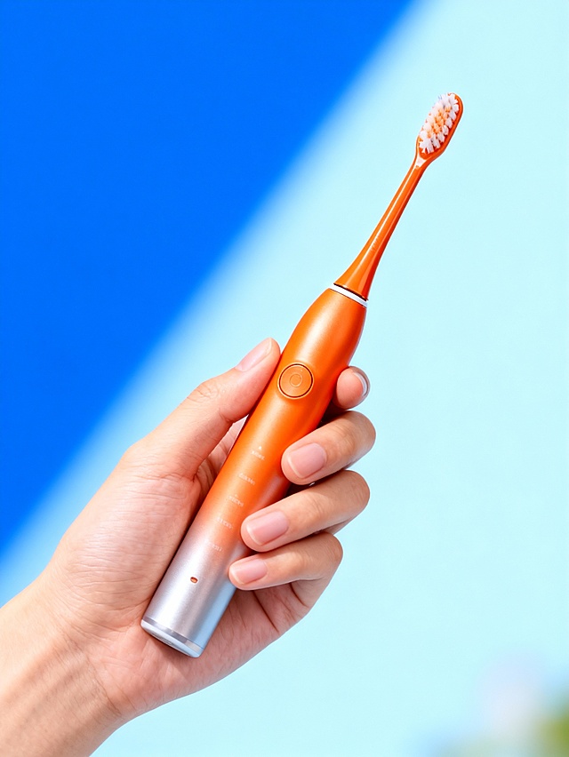 亮活力风产品展示场景，整体配色为渐变浅蓝背景 （左一半蓝色右一半浅蓝对角线，边缘模糊，向左）+ 橙银主体，色调清新明快；采用特写近景视角，中心构图聚焦手持主体区域；场景为纯净背景，无多余装饰元素；主体由手部握持，呈自然倾斜姿态（向右），在画面中占比约 60%，与手部形成使用场景的互动关系，突出主体的色彩对比与材质细节，摄影风格为产品精修实拍，质感通透，氛围活力清爽。