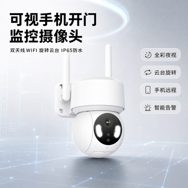 [主图-1] 可视手机开门监控摄像头首图，科技数码风格。
[氛围风格] 现代简约科技感，简洁高级，轻科技办公场景
[画质] C4D Octane物理级超写实渲染，商业摄影质感，光线通透，产品清晰真实，预览效果