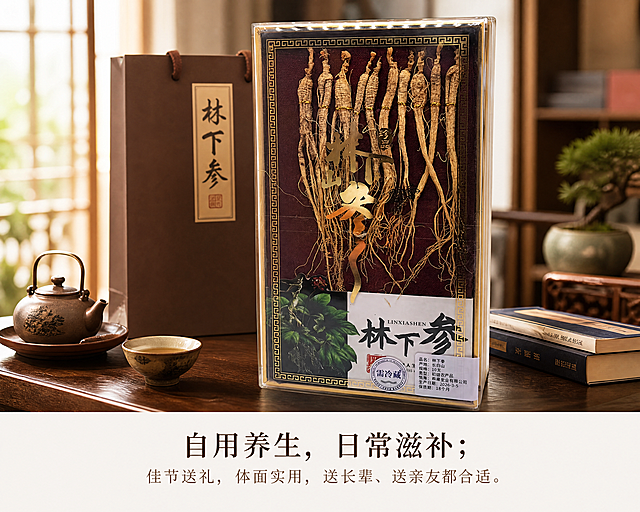 「图片1」【详情页结构（750px宽）】
 1. 首屏（高1000px）
 - 背景：深棕+金色纹理，主视觉为你提供的林下参礼盒实拍图
 - 文字（居中）：
   主标题：长白山 林下参
   副标题：10支礼盒装 · 自然生长 · 完整参体
   小字标注：需冷藏保存 · 保质期18个月
 2. 第二屏：产品实拍细节（高800px）
 - 模块1：礼盒整体实拍图（放大版）
 - 模块2：参体横纹特写图（标注“参纹清晰，参龄足”）
 - 模块3：参须完整特写图（标注“参须茂密，营养完整”）
 - 模块4：礼盒包装细节图（标注“亚克力礼盒，送礼体面”）
 3. 第三屏：产地与生长（高600px）
 - 背景：长白山山林实景图（低透明度）
 - 文字：
   【源自长白山核心产区】
   模拟野生环境林下自然生长，无农药化肥，慢生长积累营养，保留人参本味。
 4. 第四屏：规格参数（高500px）
 - 表格形式：
   品名：林下参
   产地：长白山
   规格：10支/盒
   类型：初级农产品
   储存方式：需冷藏（0-4℃）
   保质期：18个月
   生产日期：见盒身
 5. 第五屏：食用方法（高600px）
 - 三列排版：
   ① 煲汤：切片加入鸡汤/排骨汤，慢炖1-2小时，温和滋补
   ② 泡酒：整支/切片放入白酒中，密封浸泡1个月以上饮用
   ③ 泡水/含服：切片沸水冲泡，反复冲泡后嚼服，简单方便
 6. 第六屏：送礼场景（高600px）
 - 场景图：礼盒放在茶桌/书房/礼品袋旁的氛围感图
 - 文字：
   自用养生，日常滋补；
   佳节送礼，体面实用，送长辈、送亲友都合适。