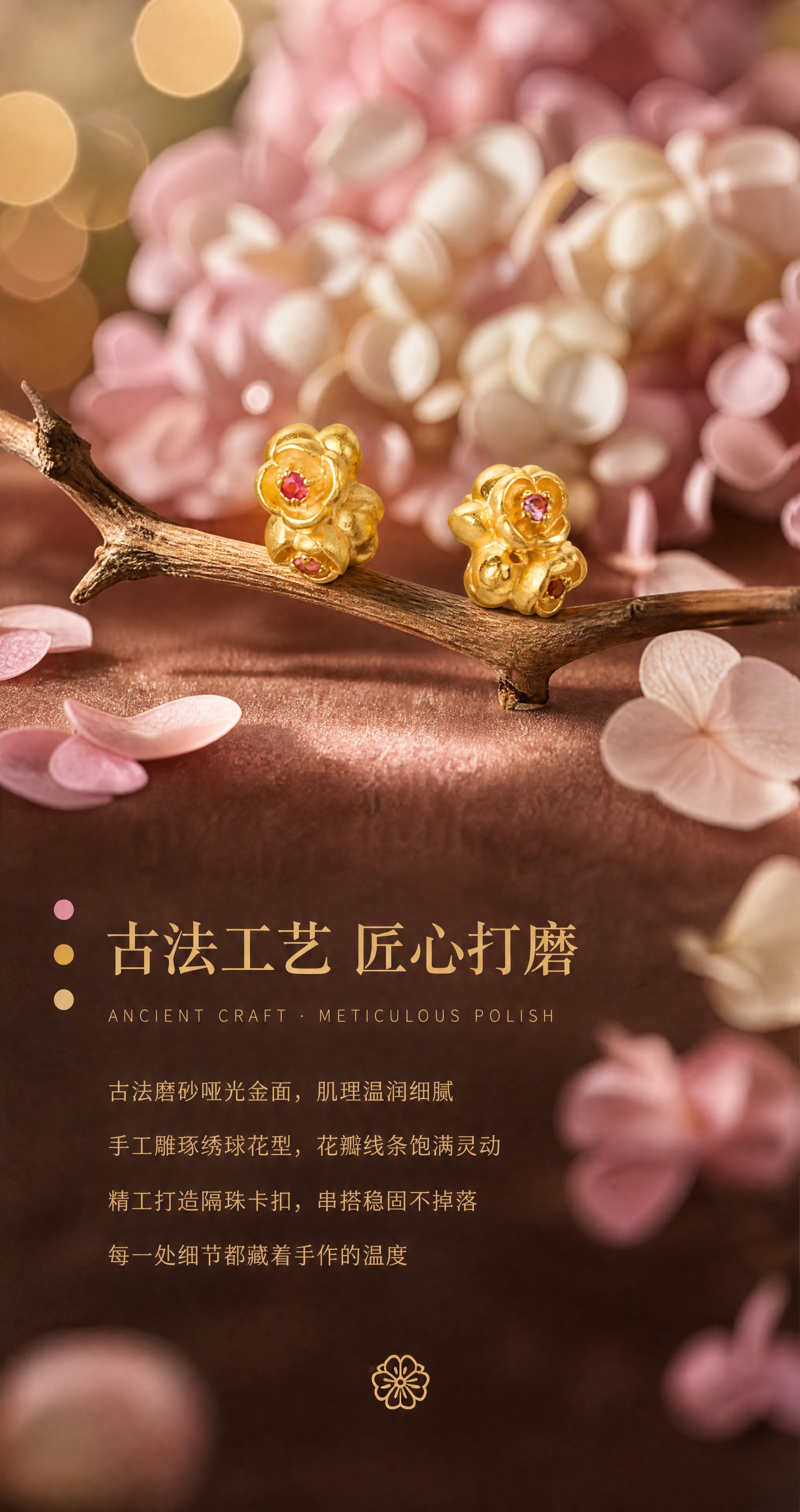 现代轻奢珠宝详情页第4屏-古法工艺细节页。使用图8的两枚绣球花… - 图片创意预览